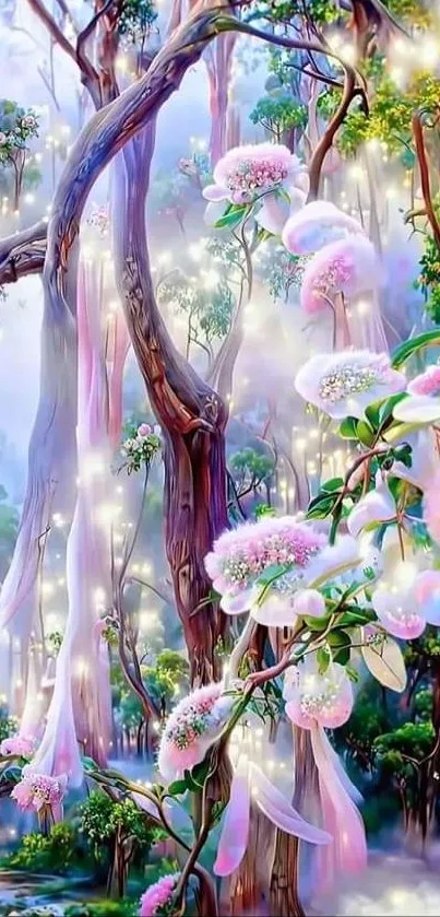 Dreamy enchanted forest with glowing flowers and mystical trees.