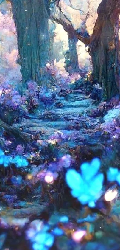 Enchanted forest with blue butterflies glowing in a mystical purple landscape.