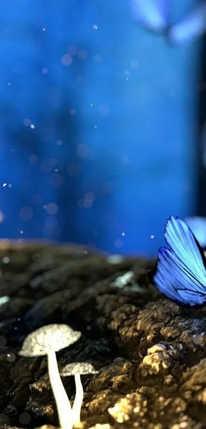 Enchanting blue butterflies and glowing mushrooms in a magical forest scene.