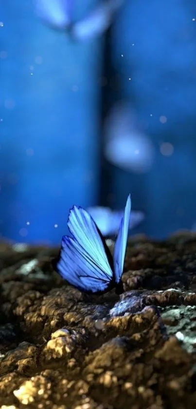 A mystical blue butterfly resting on a forest floor in an enchanting night scene.