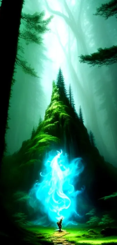 Enchanting forest wallpaper with blue flame and lush green trees.