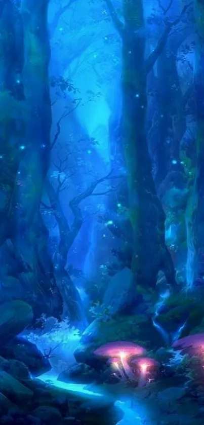 Enchanted forest with glowing blue trees and mushrooms