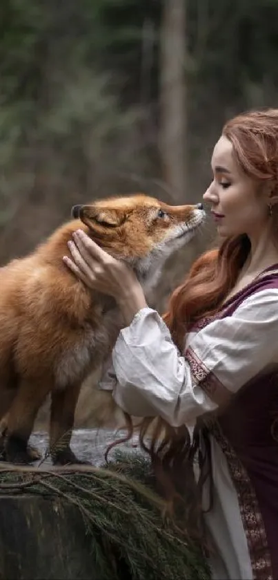 Woman embraces fox in lush woodland setting, capturing a magical moment.