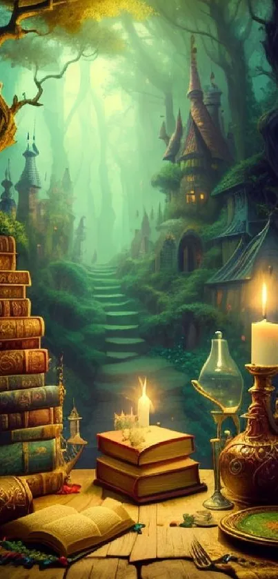 Enchanted forest with books, castle, and candles.