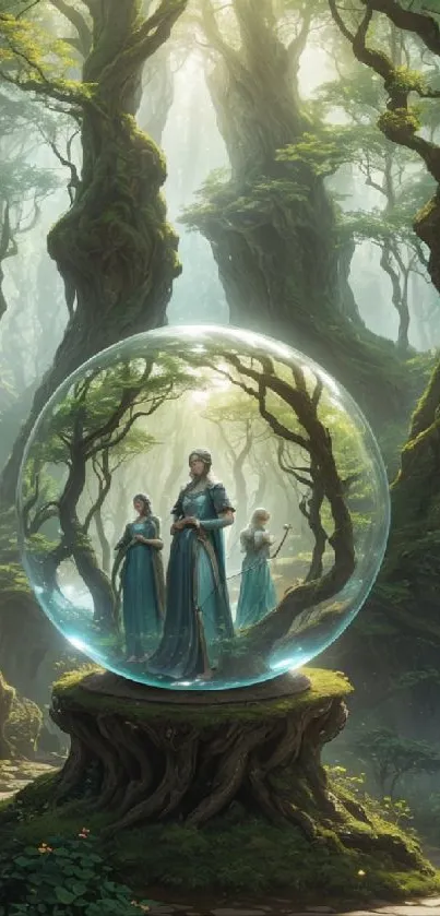 Enchanting forest scene with mystical figures in a bubble, set in lush greenery.