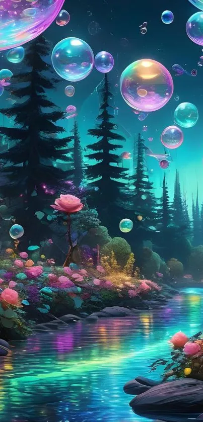 Colorful bubbles in an enchanted forest scene