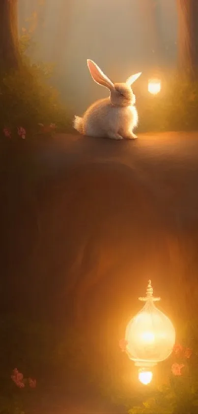 Whimsical wallpaper of a glowing bunny in an enchanted forest with warm lights.