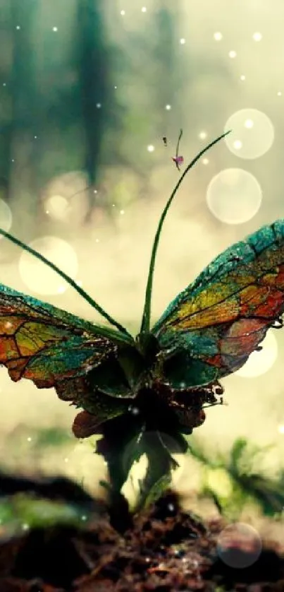 Artistic butterfly with leaf wings in a mystical forest wallpaper.