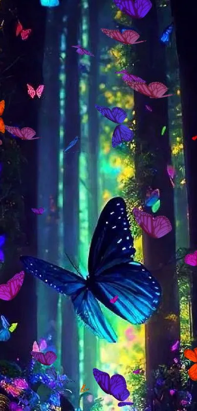 Enchanted forest with blue butterfly and vibrant colors.