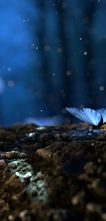 Enchanting blue butterflies in a mystical forest scene with mushrooms at night.