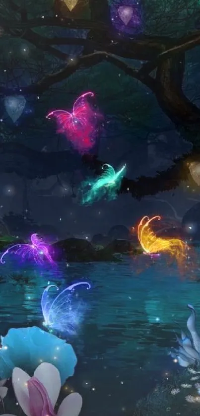 Glowing butterflies illuminate a dark forest, creating a magical and enchanting scene.