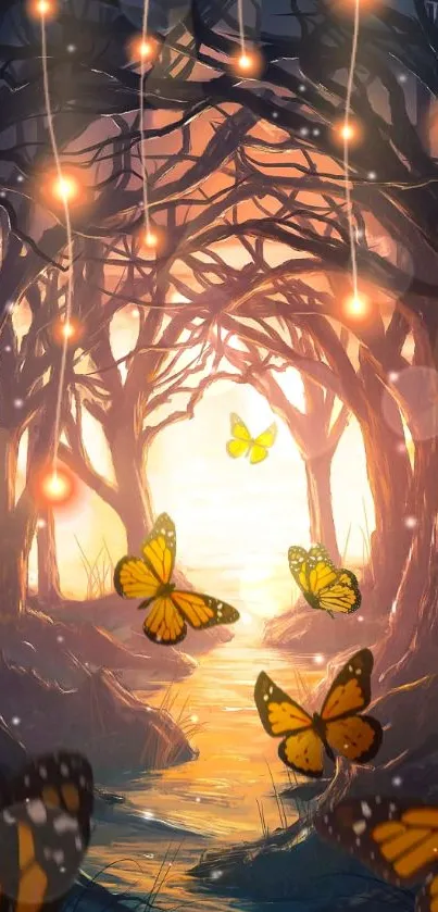 Enchanted forest with glowing lights and orange butterflies.