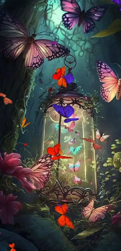 Magical forest scene with glowing butterflies around a lantern.