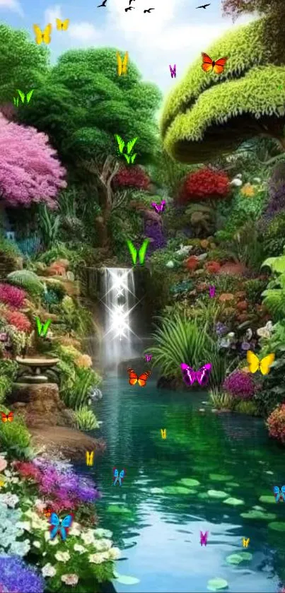 Colorful forest wallpaper with butterflies and waterfall.