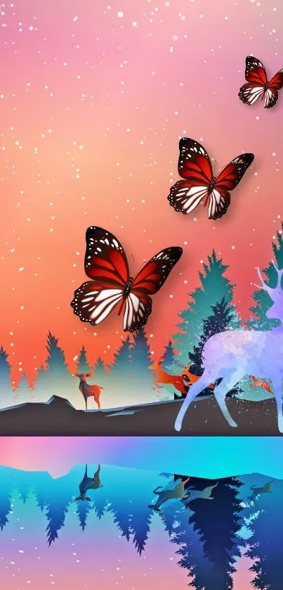 Colorful forest with butterflies and deer.