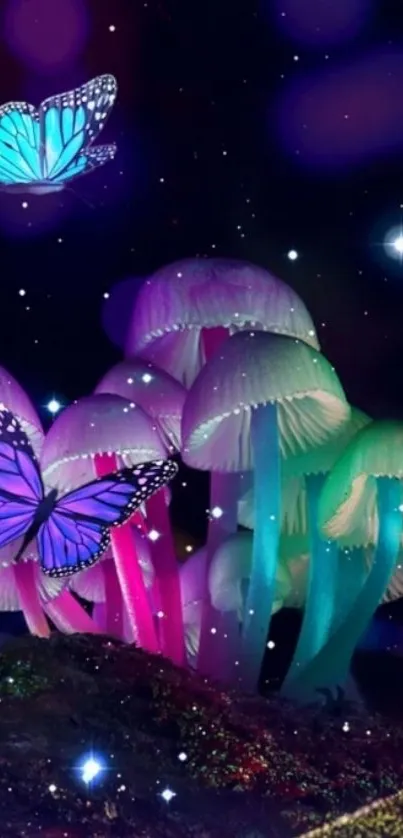 Vibrant blue butterflies with glowing mushrooms under a starry purple sky.