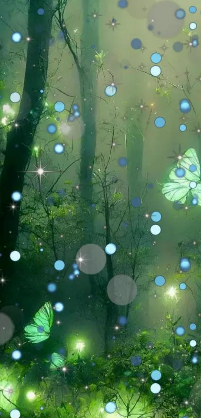 Mystical forest wallpaper with glowing butterflies and ethereal lights.