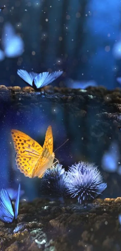 Blue butterflies and mushrooms in a glowing enchanted forest scene wallpaper.