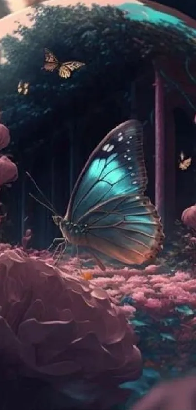 Enchanted forest wallpaper with a butterfly in vibrant colors.