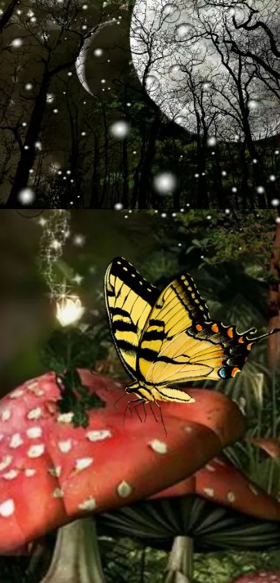 Butterfly on glowing mushrooms in a moonlit forest.