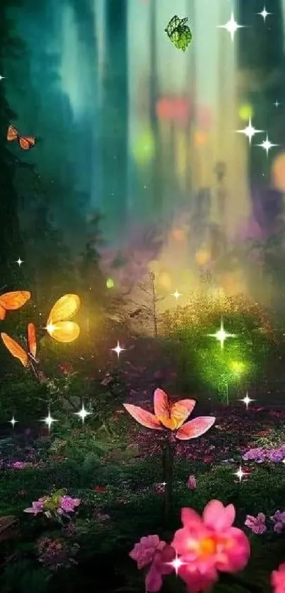 Enchanted forest wallpaper with glowing butterflies and flowers.