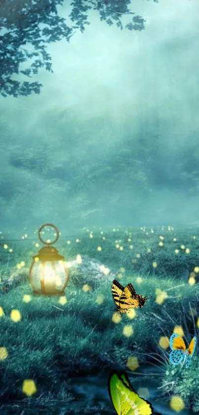Enchanted forest with glowing lights and colorful butterflies.
