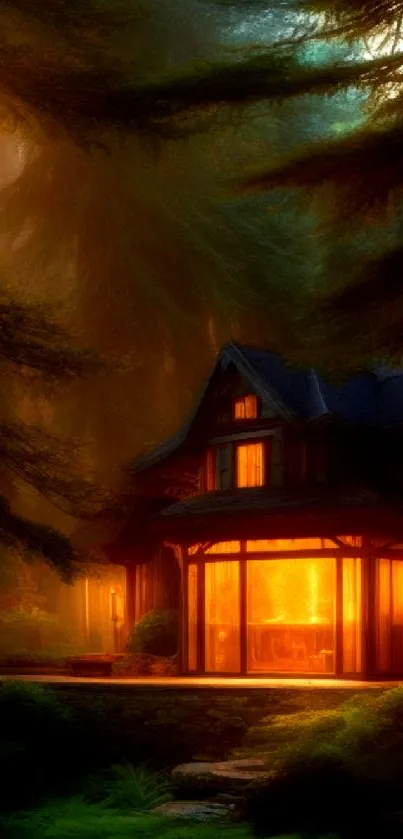 A glowing cabin nestled in an enchanted forest at dusk.