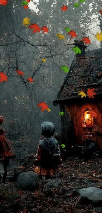 Enchanted forest scene featuring a glowing cabin at night in a mystical wooded area.