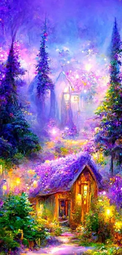 Mystical forest cabin illuminated by vibrant purple lights.