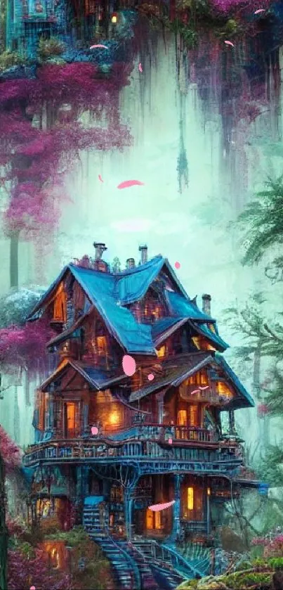 Enchanted cabin in colorful mystical forest wallpaper.