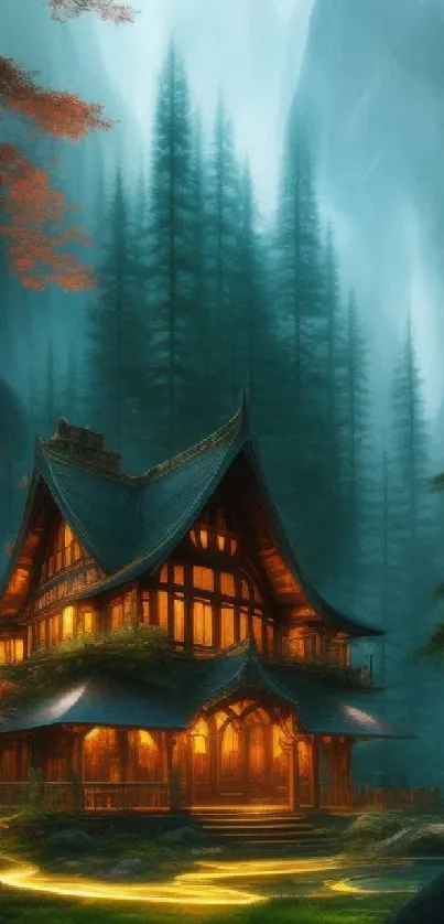 Cozy cabin in misty forest with warm glow and tall trees.