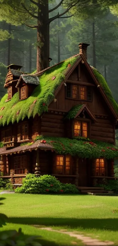 Rustic cabin with moss roof in enchanting forest scene.