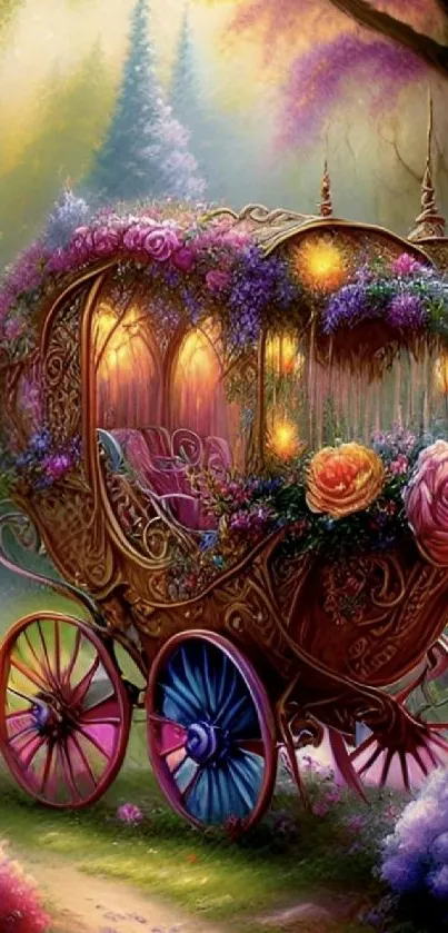 Floral carriage in a mystical, illuminated forest setting.