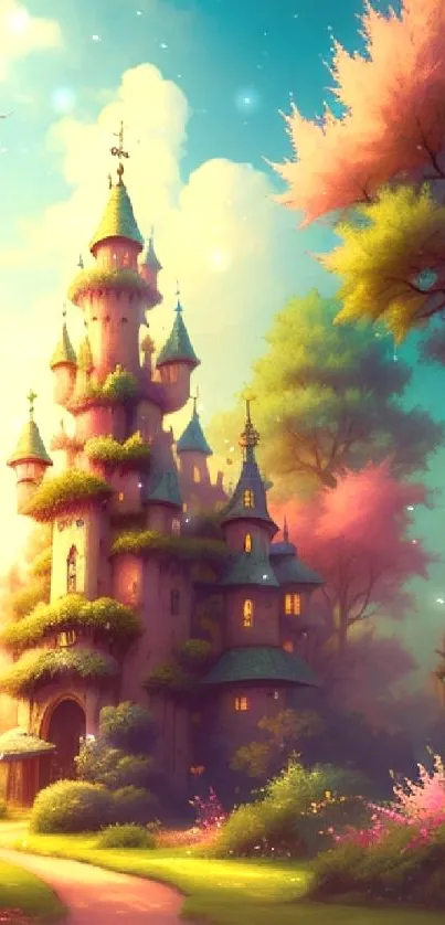 Enchanted castle in a colorful dreamy forest with mystical clouds.