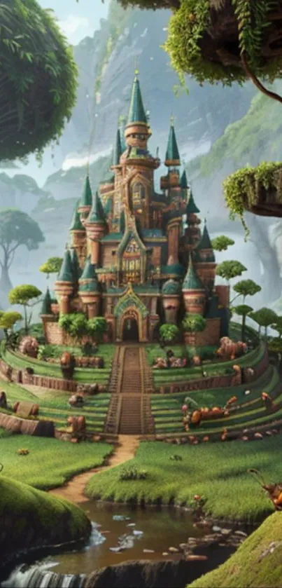 Mystical forest wallpaper with enchanted castle.