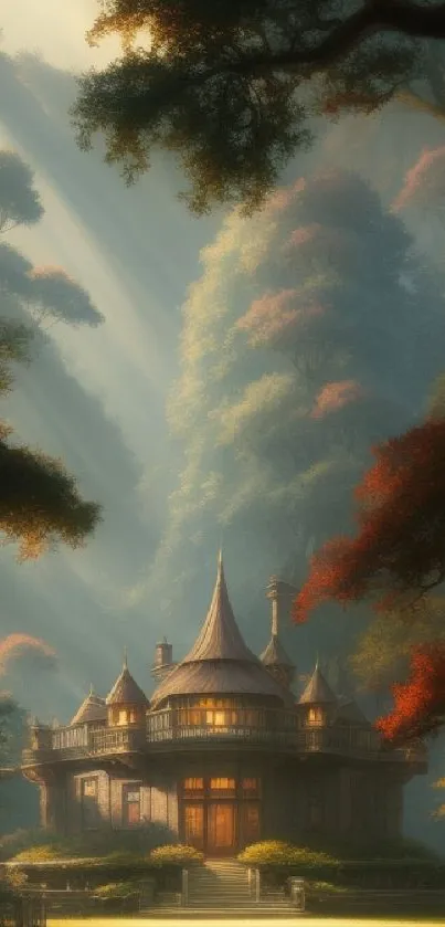 Fantasy castle in enchanted forest with autumn leaves and sunbeams.