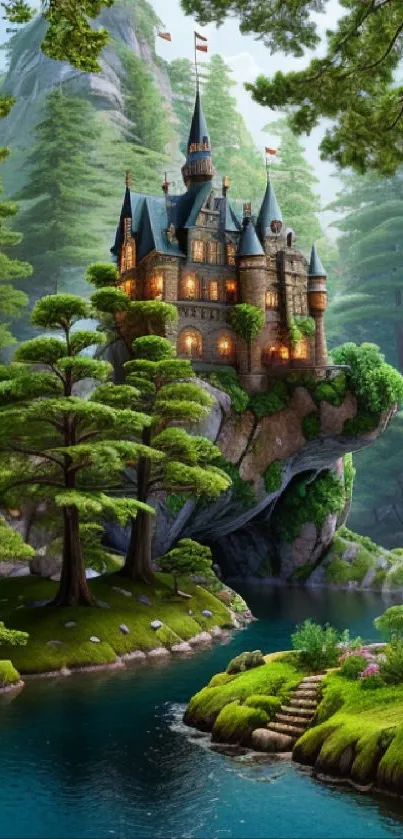 A scenic view of an enchanted castle in a lush forest by a tranquil lake.