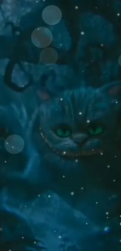 Mysterious glowing-eyed cat in an enchanted dark forest wallpaper.