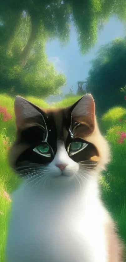 Cat in enchanted forest with vibrant green scenery.