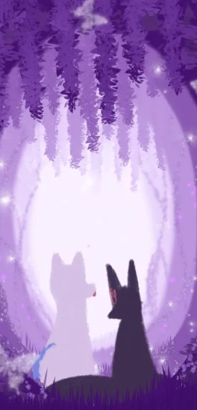 Enchanted cats in a purple forest with glowing butterflies.