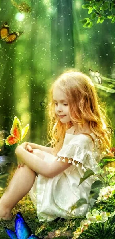 Young girl in enchanted forest with butterflies