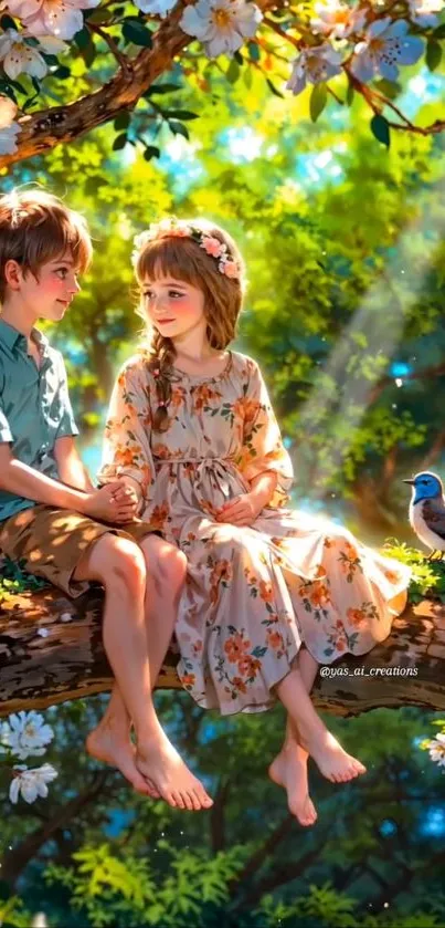 Children sitting on a tree in a magical, sunlit forest.