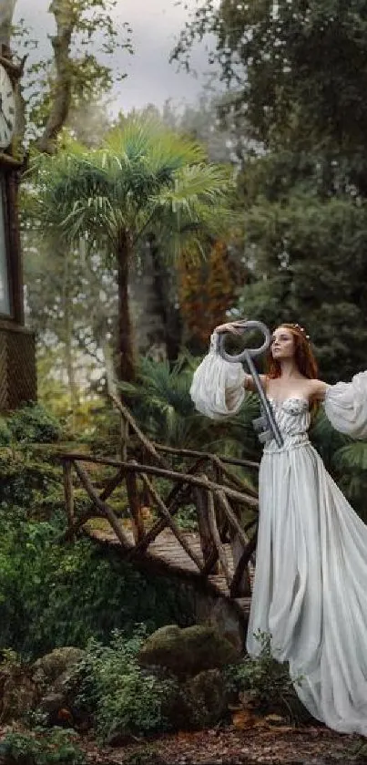 Enchanted forest with clock tower and elegant woman in a white gown.