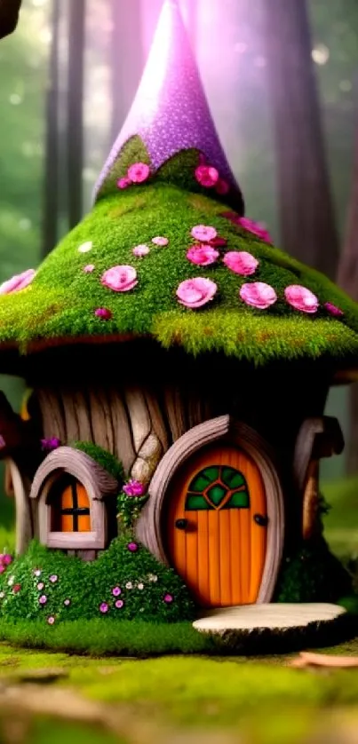 Whimsical forest cottage with moss roof and pink flowers.