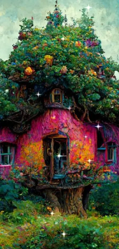 Artistic depiction of a whimsical forest cottage with vibrant green surroundings.