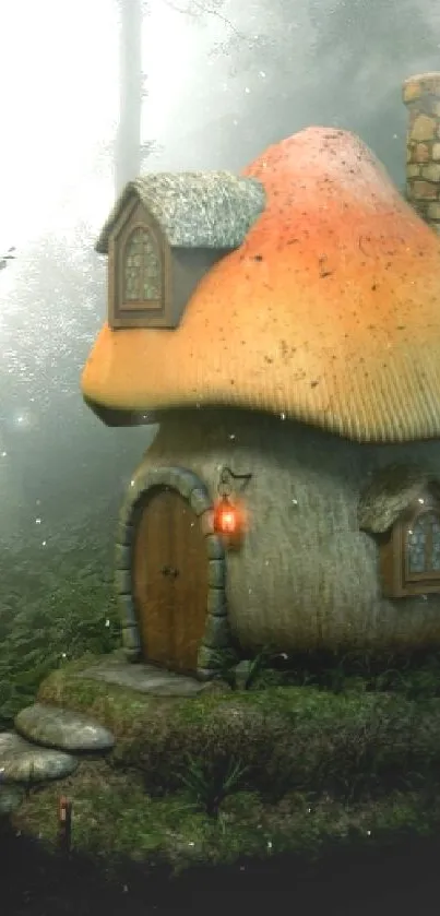 Whimsical mushroom cottage in a foggy forest setting.