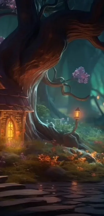 Enchanted forest scene with cottage and glowing lamps.