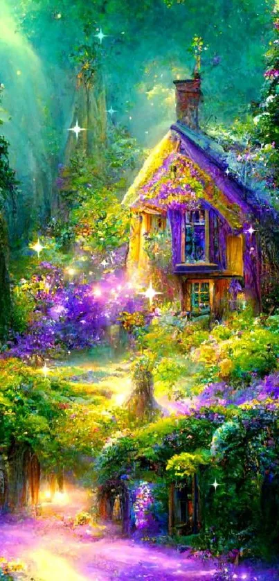 Whimsical enchanted forest with cottage and lush greenery, glowing with magic.