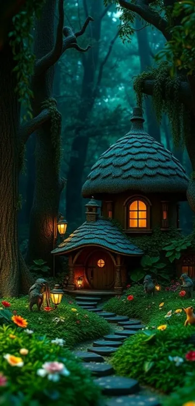 Whimsical forest cottage with glowing windows.