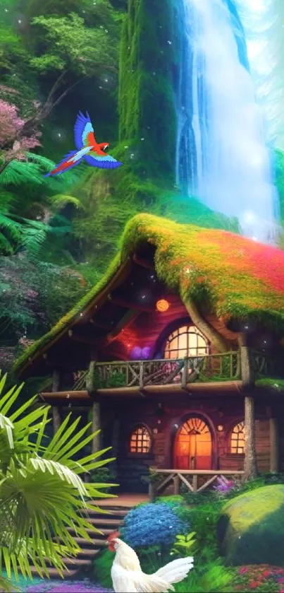 Enchanting cottage in lush forest with a waterfall in the background.